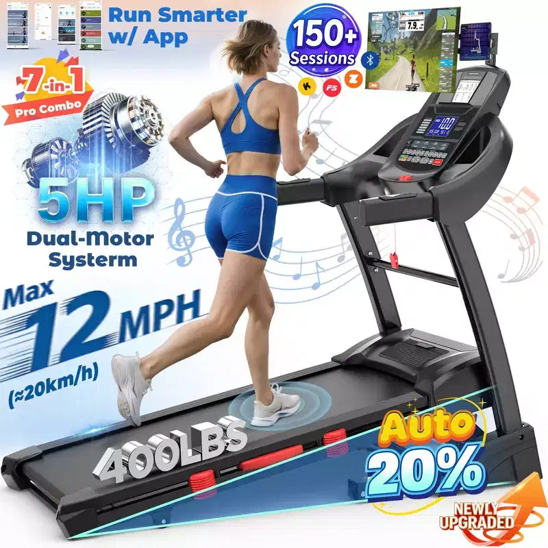 Tapis de course pliable 5CV pour la maison avec inclinaison automatique de 20 % et vitesse de 19 km/h, capacité de 180 kg, tapis de course portable, entraînement personnalisé avec application, tapis de course pour la course et la marche