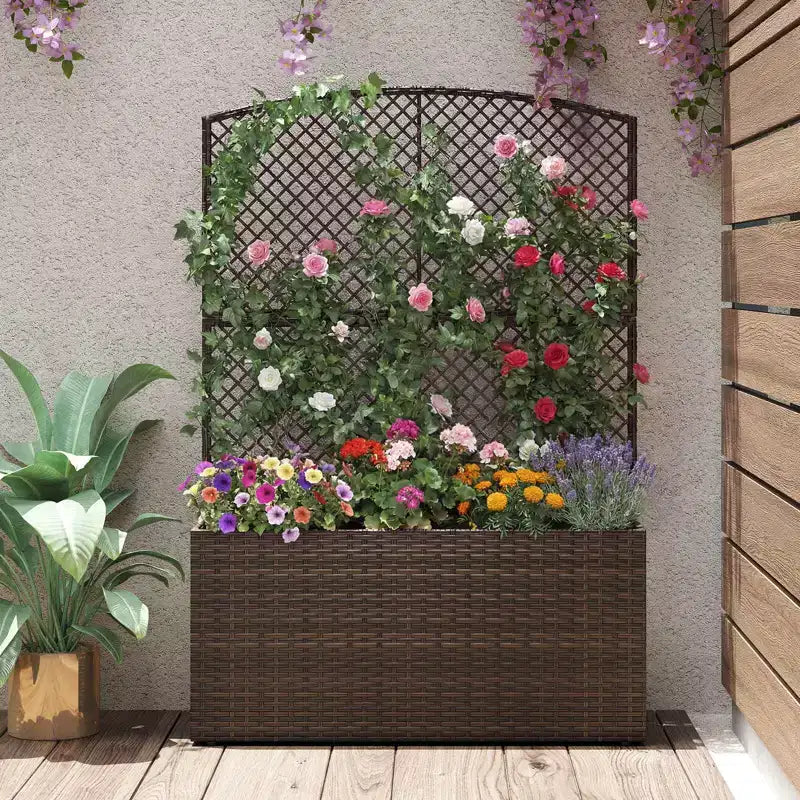 Costway 1/2 PIÈCES 58 Jardinière surélevée avec treillis, Bac à fleurs en osier avec écran d'intimité Marron/Noir
