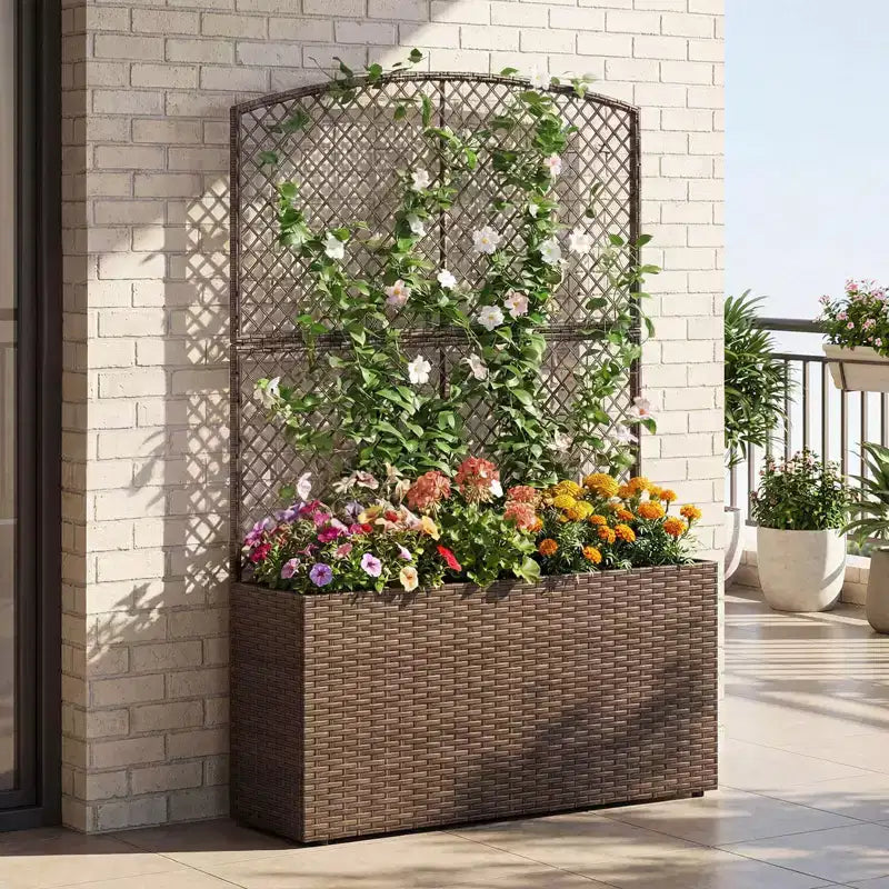 Costway 1/2 PIÈCES 58 Jardinière surélevée avec treillis, Bac à fleurs en osier avec écran d'intimité Marron/Noir