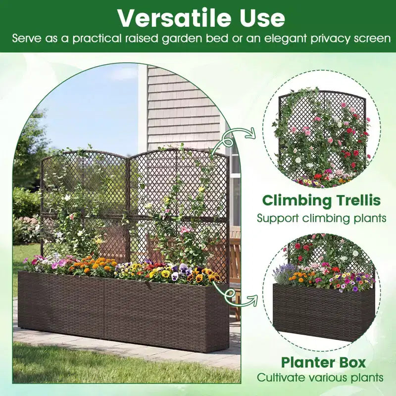 Costway 1/2 PIÈCES 58 Jardinière surélevée avec treillis, Bac à fleurs en osier avec écran d'intimité Marron/Noir