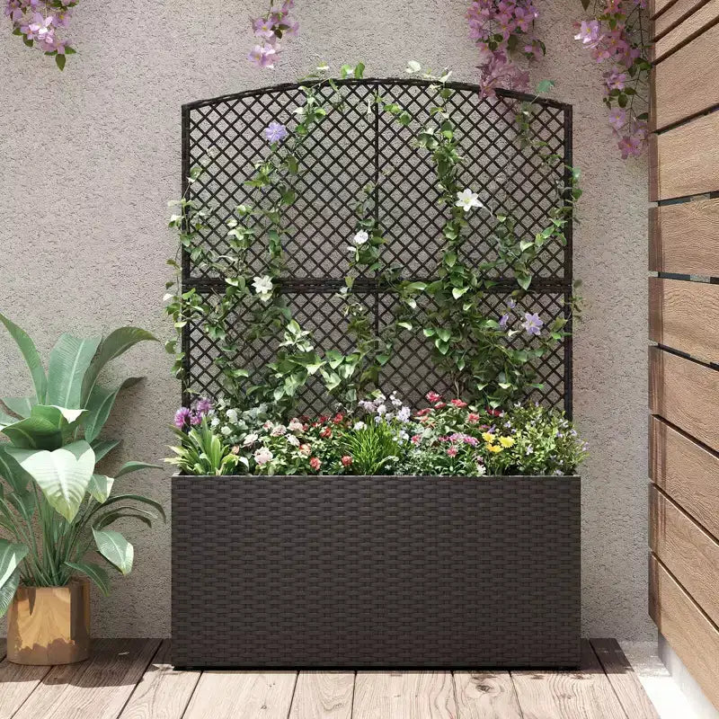 Costway 1/2 PIÈCES 58 Jardinière surélevée avec treillis, Bac à fleurs en osier avec écran d'intimité Marron/Noir