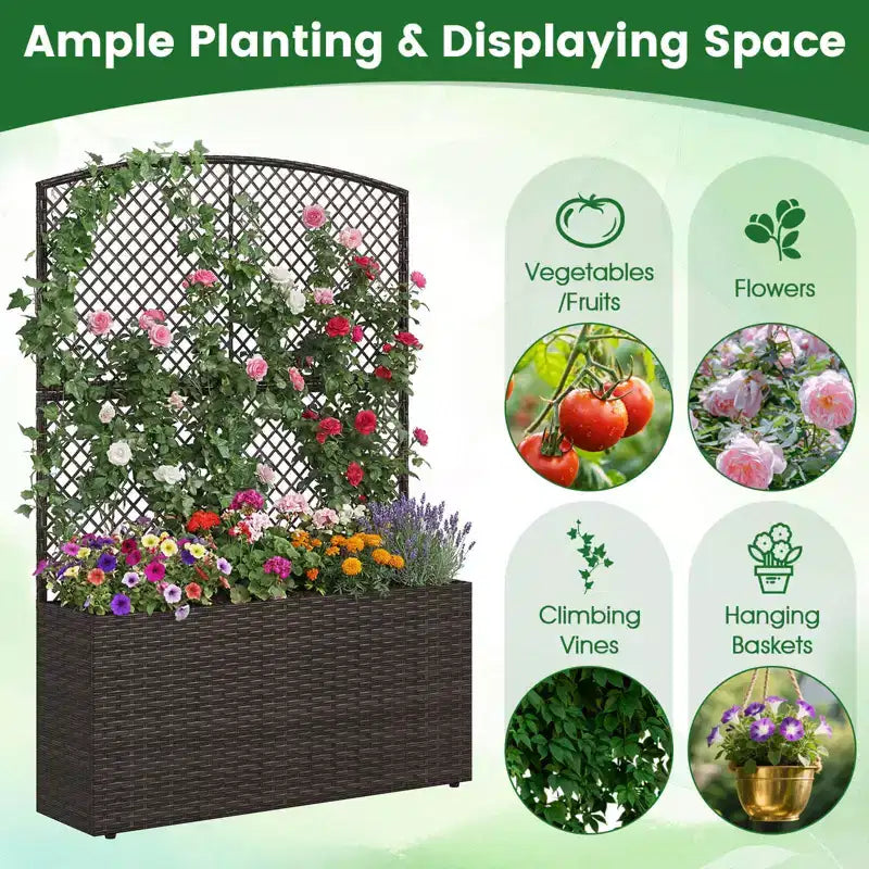 Costway 1/2 PIÈCES 58 Jardinière surélevée avec treillis, Bac à fleurs en osier avec écran d'intimité Marron/Noir