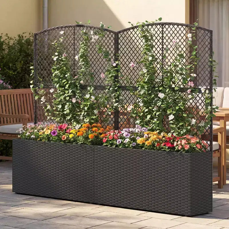 Costway 1/2 PIÈCES 58 Jardinière surélevée avec treillis, Bac à fleurs en osier avec écran d'intimité Marron/Noir
