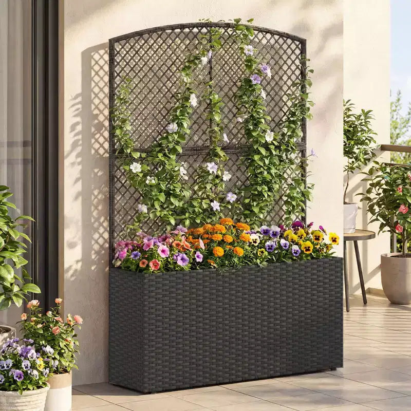 Costway 1/2 PIÈCES 58 Jardinière surélevée avec treillis, Bac à fleurs en osier avec écran d'intimité Marron/Noir