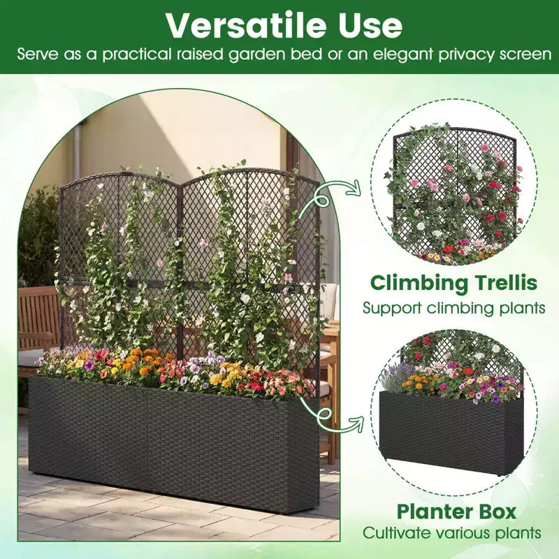 Costway 1/2 PIÈCES 58 Jardinière surélevée avec treillis, Bac à fleurs en osier avec écran d'intimité Marron/Noir