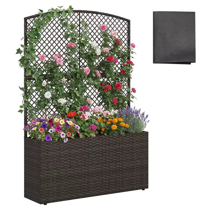 Costway 1/2 PIÈCES 58 Jardinière surélevée avec treillis, Bac à fleurs en osier avec écran d'intimité Marron/Noir