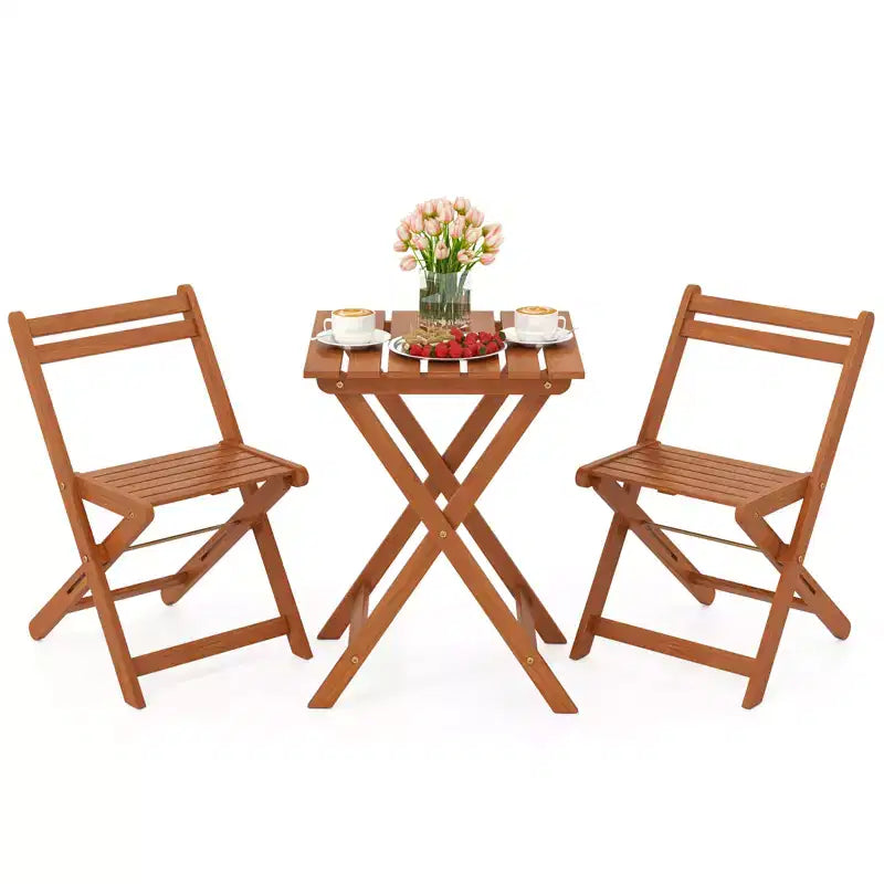 Costway Ensemble de bistro 3 pièces en bois pour extérieur avec 2 chaises pliantes et table à manger pour jardin
