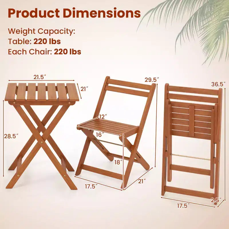 Costway Ensemble de bistro 3 pièces en bois pour extérieur avec 2 chaises pliantes et table à manger pour jardin