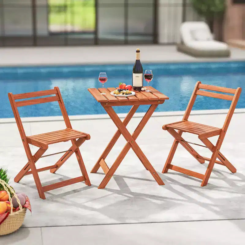 Costway Ensemble de bistro 3 pièces en bois pour extérieur avec 2 chaises pliantes et table à manger pour jardin