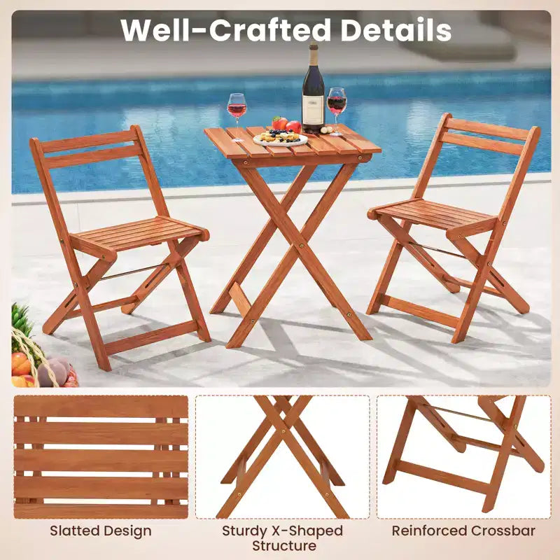 Costway Ensemble de bistro 3 pièces en bois pour extérieur avec 2 chaises pliantes et table à manger pour jardin