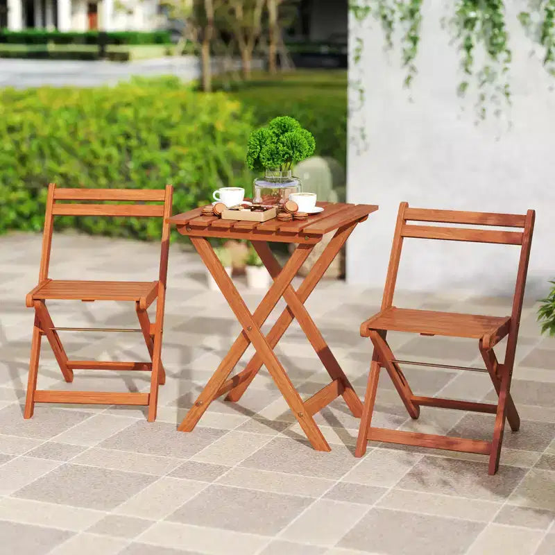 Costway Ensemble de bistro 3 pièces en bois pour extérieur avec 2 chaises pliantes et table à manger pour jardin