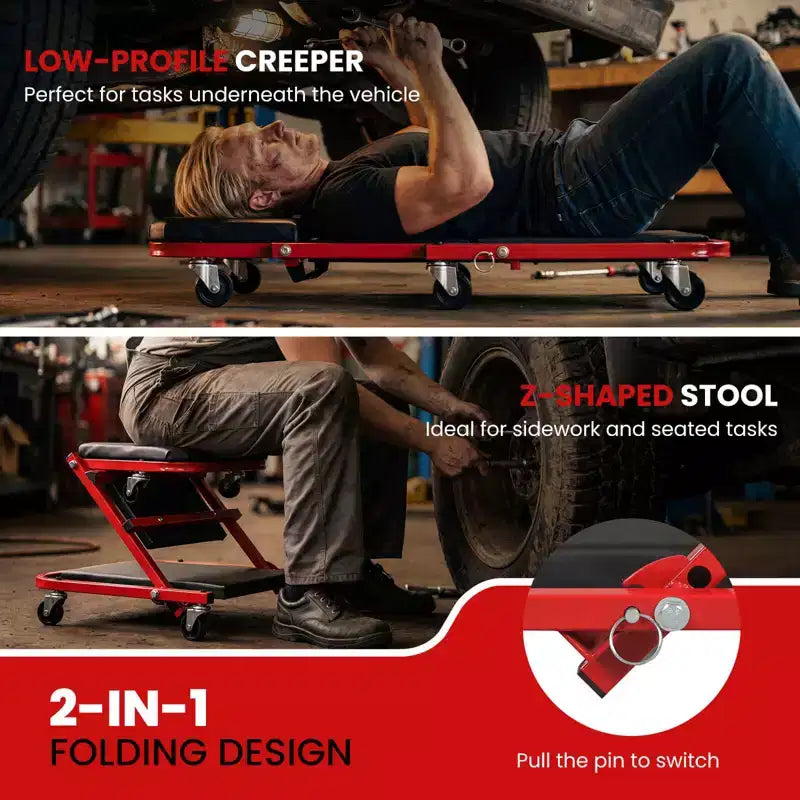 Tabouret de garage roulant Costway 2-en-1 en Z, chariot de mécanicien plat pliant 36