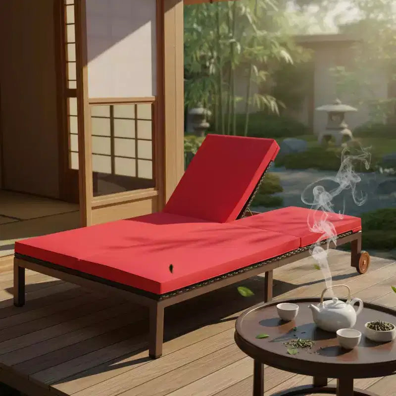 Gymax Chaise longue extérieure en rotin 2 places, lit de jour double en résine tressée inclinable avec dossier réglable 5 positions, roues et coussin moelleux, blanc cassé/rouge