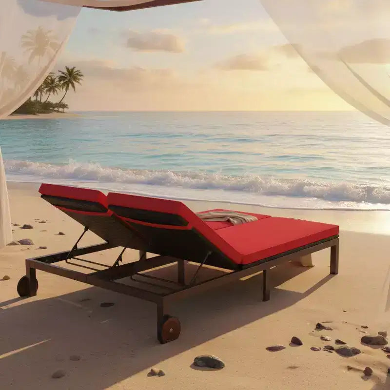 Gymax Chaise longue extérieure en rotin 2 places, lit de jour double en résine tressée inclinable avec dossier réglable 5 positions, roues et coussin moelleux, blanc cassé/rouge
