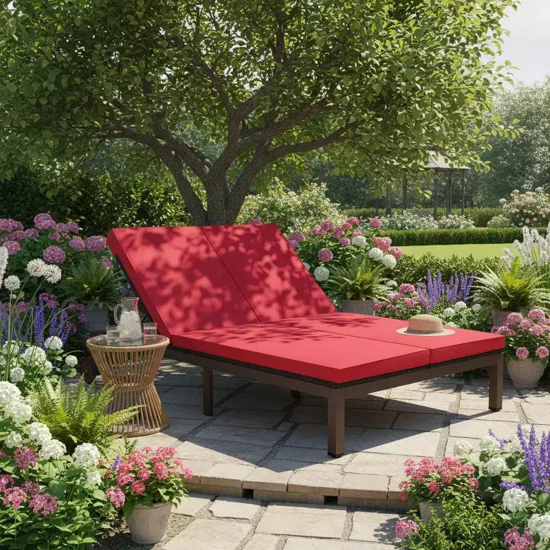 Gymax Chaise longue extérieure en rotin 2 places, lit de jour double en résine tressée inclinable avec dossier réglable 5 positions, roues et coussin moelleux, blanc cassé/rouge
