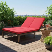 Gymax Chaise longue extérieure en rotin 2 places, lit de jour double en résine tressée inclinable avec dossier réglable 5 positions, roues et coussin moelleux, blanc cassé/rouge