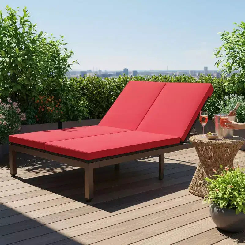 Gymax Chaise longue extérieure en rotin 2 places, lit de jour double en résine tressée inclinable avec dossier réglable 5 positions, roues et coussin moelleux, blanc cassé/rouge