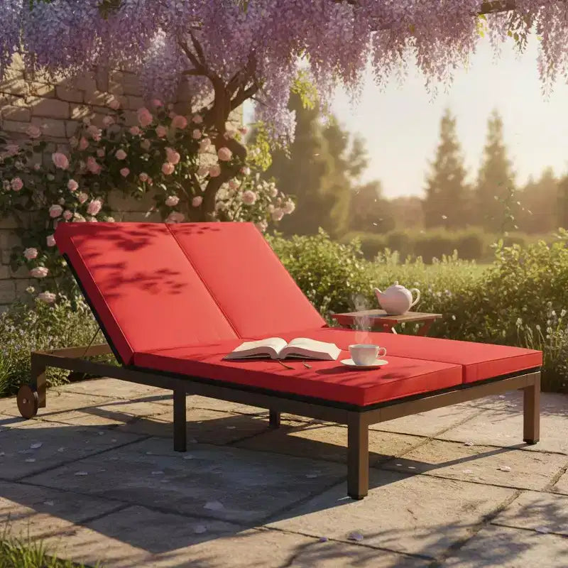 Gymax Chaise longue extérieure en rotin 2 places, lit de jour double en résine tressée inclinable avec dossier réglable 5 positions, roues et coussin moelleux, blanc cassé/rouge