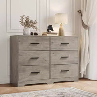 Commode double à 6 tiroirs pour chambre à coucher, commode moderne en bois avec poignées métalliques, grand meuble de rangement pour salon ou bureau à domicile
