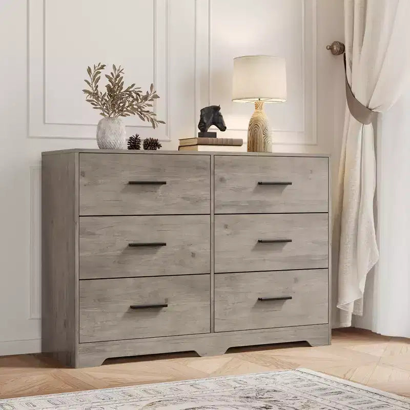 Commode double à 6 tiroirs pour chambre à coucher, commode moderne en bois avec poignées métalliques, grand meuble de rangement pour salon ou bureau à domicile