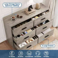 Commode double à 6 tiroirs pour chambre à coucher, commode moderne en bois avec poignées métalliques, grand meuble de rangement pour salon ou bureau à domicile