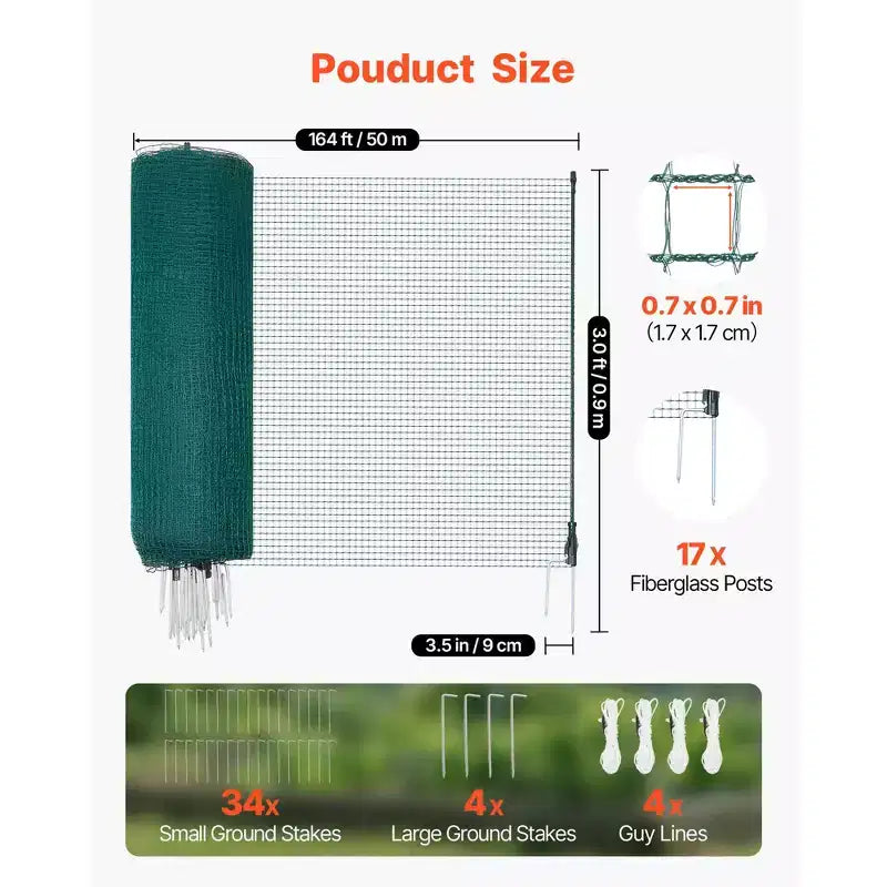 VEVOR Clôture temporaire avec poteaux, grillage en maille plastique 3 x 164 pi, filet de clôture de sécurité de jardin avec piquets à double pointe et haubans, vert