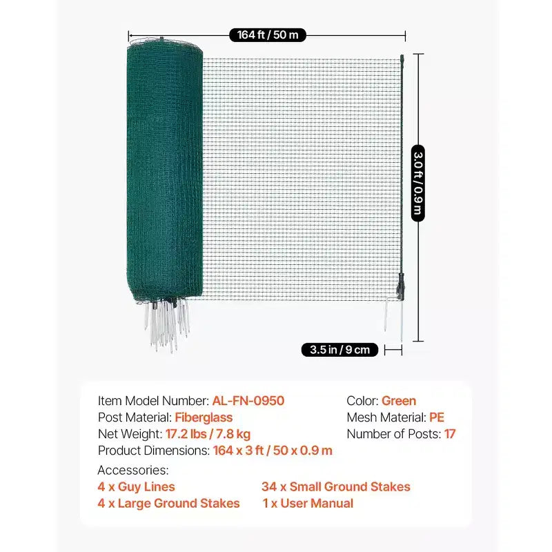VEVOR Clôture temporaire avec poteaux, grillage en maille plastique 3 x 164 pi, filet de clôture de sécurité de jardin avec piquets à double pointe et haubans, vert