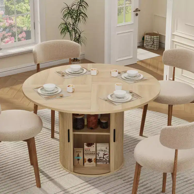 Table à manger ronde 47 pouces pour 4, étagère de rangement 2 niveaux avec porte coulissante en bois, table de cuisine pour salle à manger, salon