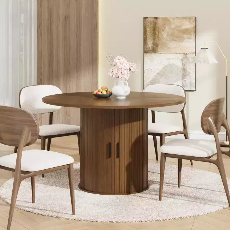 Table à manger ronde 47 pouces pour 4, étagère de rangement 2 niveaux avec porte coulissante en bois, table de cuisine pour salle à manger, salon