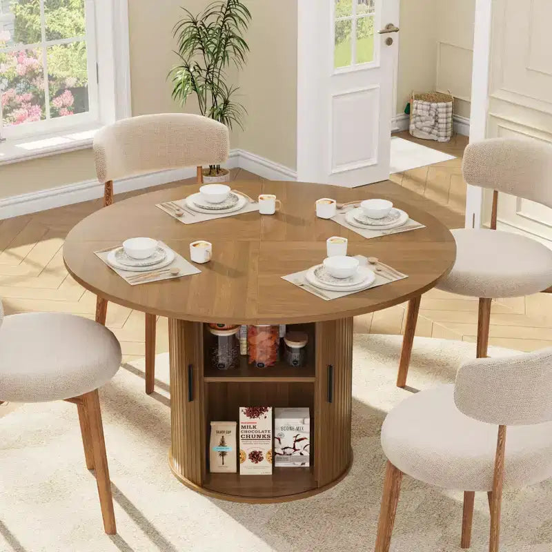 Table à manger ronde 47 pouces pour 4, étagère de rangement 2 niveaux avec porte coulissante en bois, table de cuisine pour salle à manger, salon