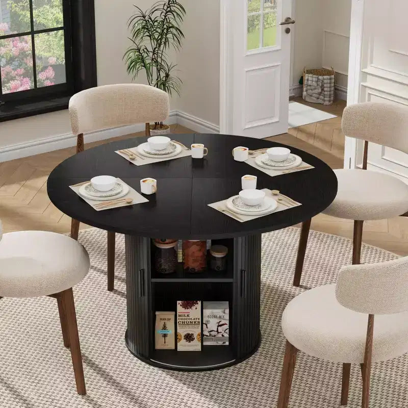 Table à manger ronde 47 pouces pour 4, étagère de rangement 2 niveaux avec porte coulissante en bois, table de cuisine pour salle à manger, salon
