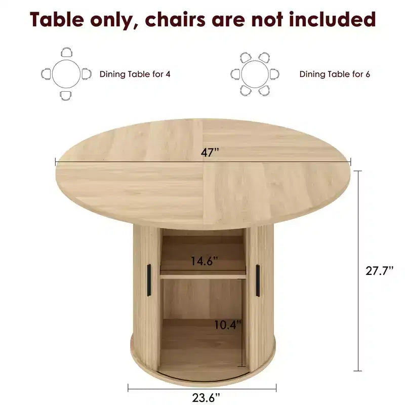 Table à manger ronde 47 pouces pour 4, étagère de rangement 2 niveaux avec porte coulissante en bois, table de cuisine pour salle à manger, salon