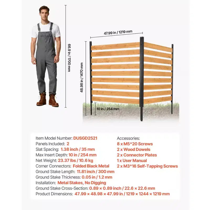 Clôture d'intimité en bois VEVOR, clôture de climatiseur 48 x 49 x 28 pouces, écran d'intimité extérieur solide à 2 panneaux en bois avec piquets en métal, cadre en acier, marron