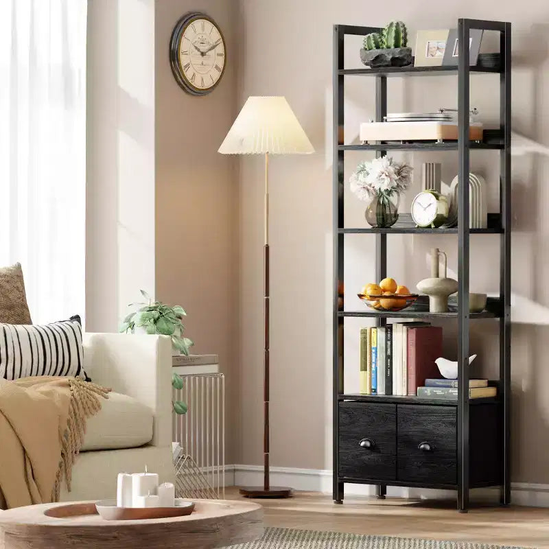 Bibliothèque haute industrielle 6 niveaux avec deux tiroirs de rangement, étagère autoportante en bois et métal, présentoir organiseur pour bureau à domicile, chambre, noir chêne