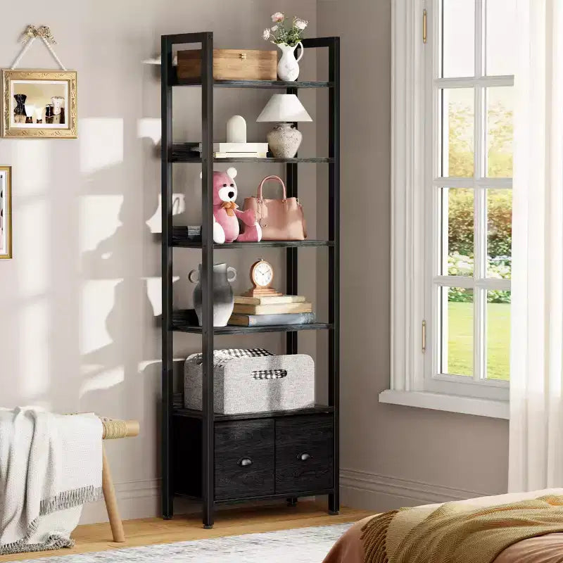 Bibliothèque haute industrielle 6 niveaux avec deux tiroirs de rangement, étagère autoportante en bois et métal, présentoir organiseur pour bureau à domicile, chambre, noir chêne