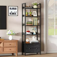 Bibliothèque haute industrielle 6 niveaux avec deux tiroirs de rangement, étagère autoportante en bois et métal, présentoir organiseur pour bureau à domicile, chambre, noir chêne