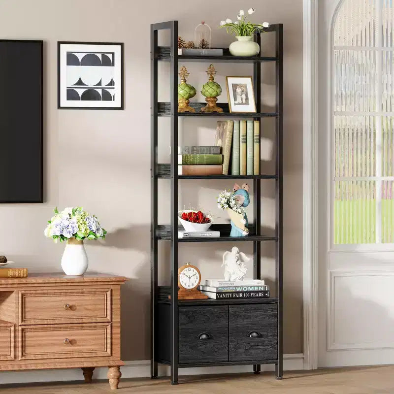 Bibliothèque haute industrielle 6 niveaux avec deux tiroirs de rangement, étagère autoportante en bois et métal, présentoir organiseur pour bureau à domicile, chambre, noir chêne