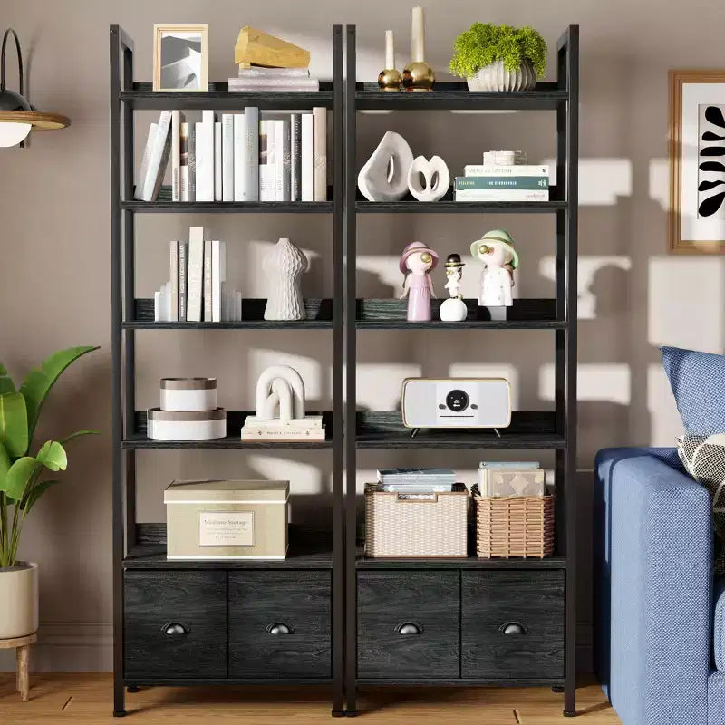 Bibliothèque haute industrielle 6 niveaux avec deux tiroirs de rangement, étagère autoportante en bois et métal, présentoir organiseur pour bureau à domicile, chambre, noir chêne