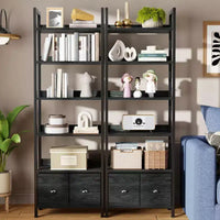 Bibliothèque haute industrielle 6 niveaux avec deux tiroirs de rangement, étagère autoportante en bois et métal, présentoir organiseur pour bureau à domicile, chambre, noir chêne