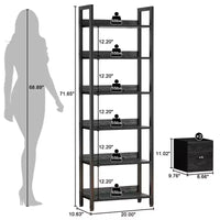 Bibliothèque haute industrielle 6 niveaux avec deux tiroirs de rangement, étagère autoportante en bois et métal, présentoir organiseur pour bureau à domicile, chambre, noir chêne