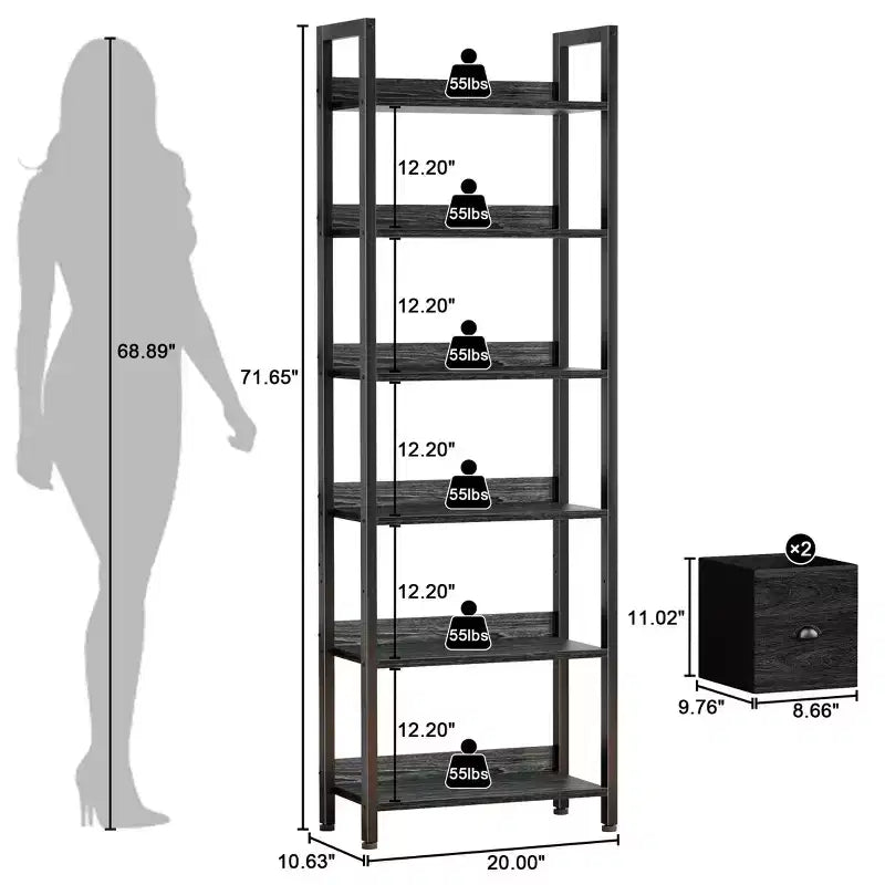 Bibliothèque haute industrielle 6 niveaux avec deux tiroirs de rangement, étagère autoportante en bois et métal, présentoir organiseur pour bureau à domicile, chambre, noir chêne