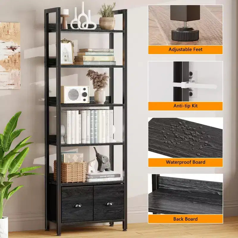 Bibliothèque haute industrielle 6 niveaux avec deux tiroirs de rangement, étagère autoportante en bois et métal, présentoir organiseur pour bureau à domicile, chambre, noir chêne