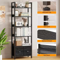 Bibliothèque haute industrielle 6 niveaux avec deux tiroirs de rangement, étagère autoportante en bois et métal, présentoir organiseur pour bureau à domicile, chambre, noir chêne