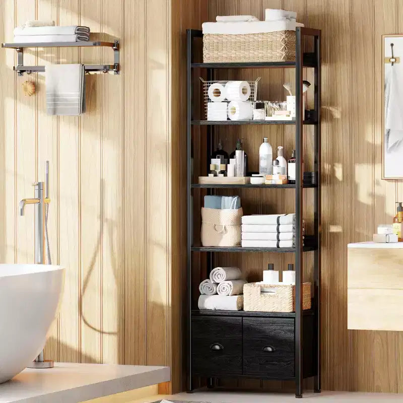 Bibliothèque haute industrielle 6 niveaux avec deux tiroirs de rangement, étagère autoportante en bois et métal, présentoir organiseur pour bureau à domicile, chambre, noir chêne