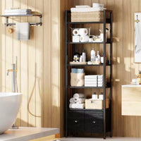Bibliothèque haute industrielle 6 niveaux avec deux tiroirs de rangement, étagère autoportante en bois et métal, présentoir organiseur pour bureau à domicile, chambre, noir chêne