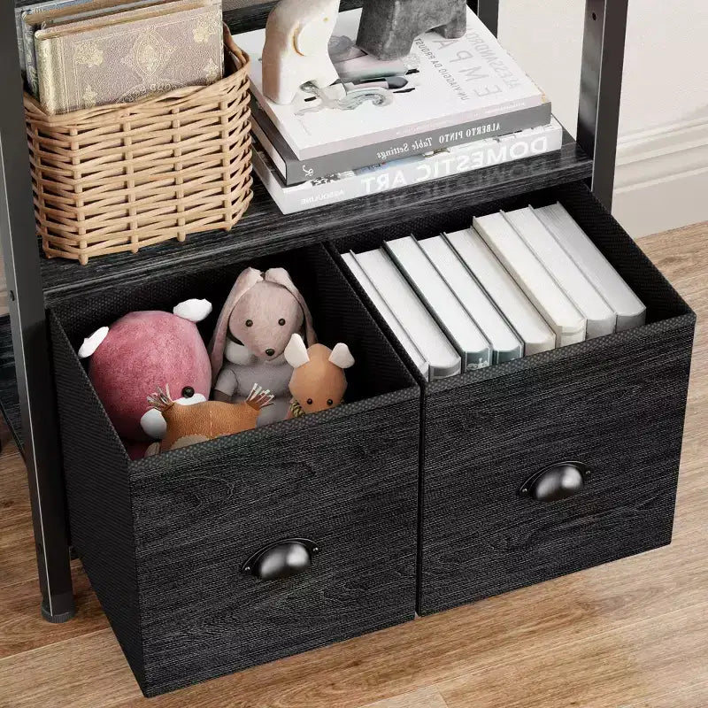 Bibliothèque haute industrielle 6 niveaux avec deux tiroirs de rangement, étagère autoportante en bois et métal, présentoir organiseur pour bureau à domicile, chambre, noir chêne