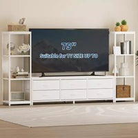 Meuble TV pour téléviseurs jusqu'à 75 pouces, meuble de rangement industriel avec 6 tiroirs en tissu et deux étagères de rangement à 4 niveaux, console multimédia pour salon et chambre à coucher.
