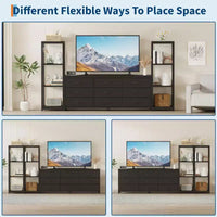 Meuble TV pour téléviseurs jusqu'à 75 pouces, meuble de rangement industriel avec 6 tiroirs en tissu et deux étagères de rangement à 4 niveaux, console multimédia pour salon et chambre à coucher.