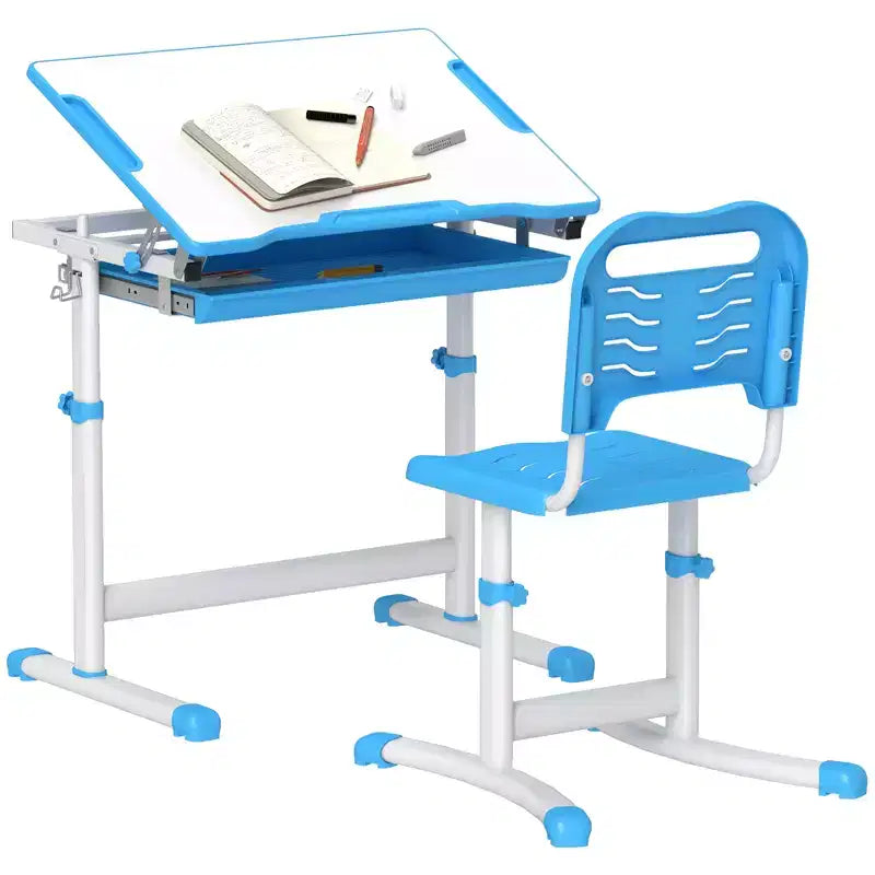 Ensemble bureau et chaises pour enfants Qaba, bureau d'étude scolaire réglable en hauteur avec plateau inclinable, tiroir de rangement, fente à stylo, crochet