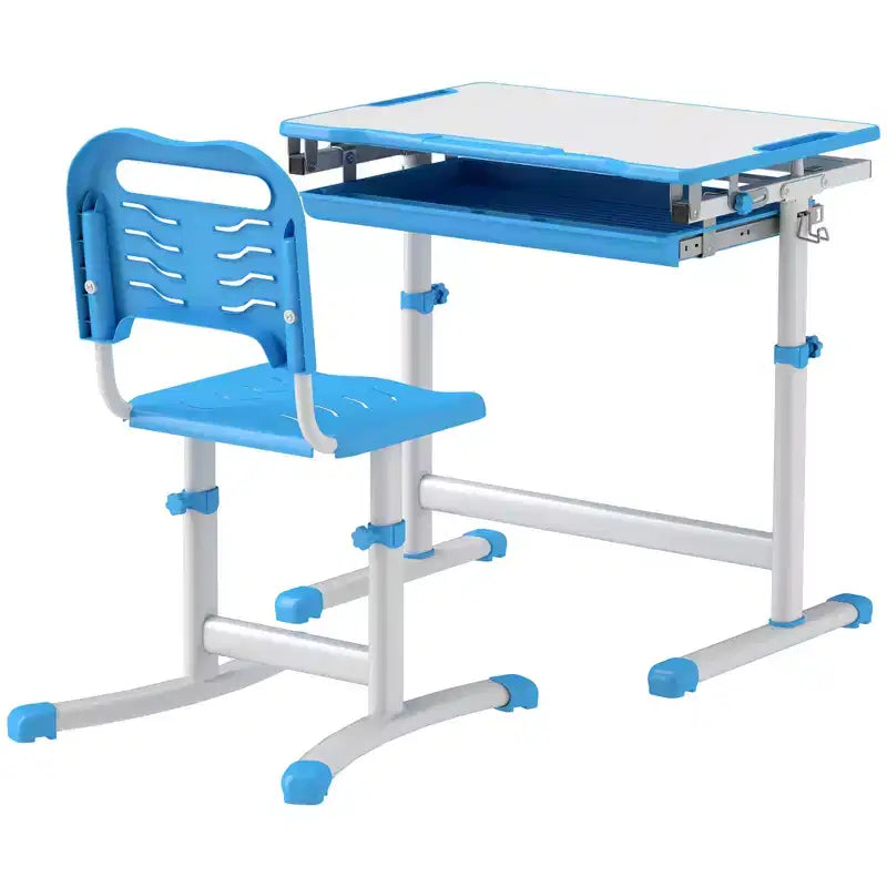 Ensemble bureau et chaises pour enfants Qaba, bureau d'étude scolaire réglable en hauteur avec plateau inclinable, tiroir de rangement, fente à stylo, crochet
